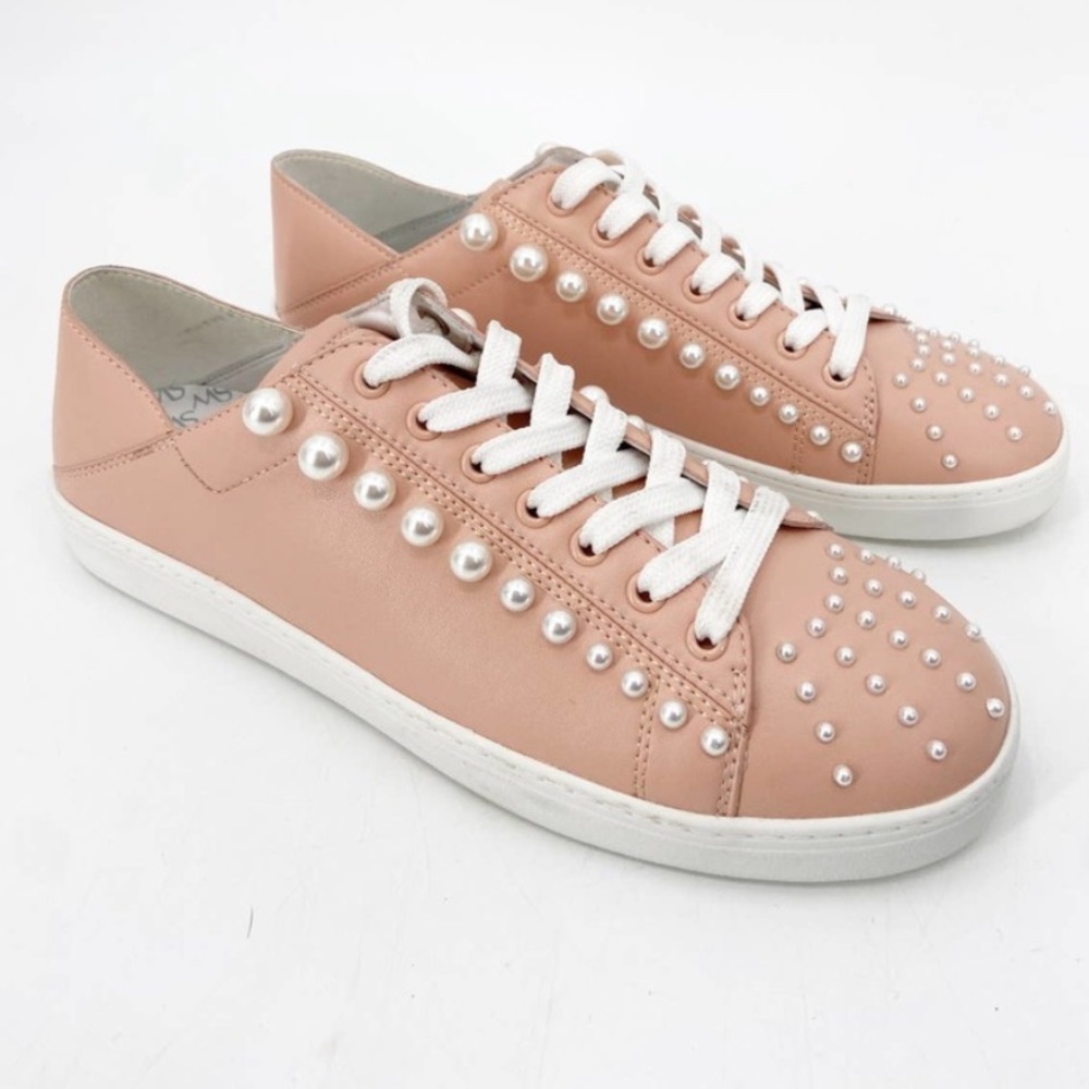 Stuart Weitzman Goldie Convertable Pearl Embellished Leather Sneakers 38.5 NEW